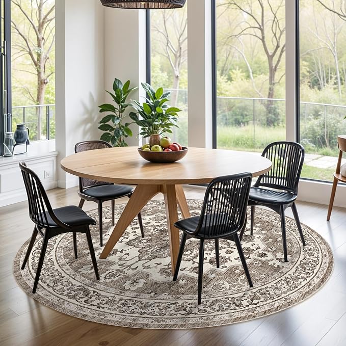 TOPRUUG Washable Oriental Area Rug - 4ft Round Rugs for Living Room Soft Carpet for Bedroom Waterproof Floral Distressed Indoor Stain Resistant Non-Shedding Floor Carpets (Beige, 4ft-Round)