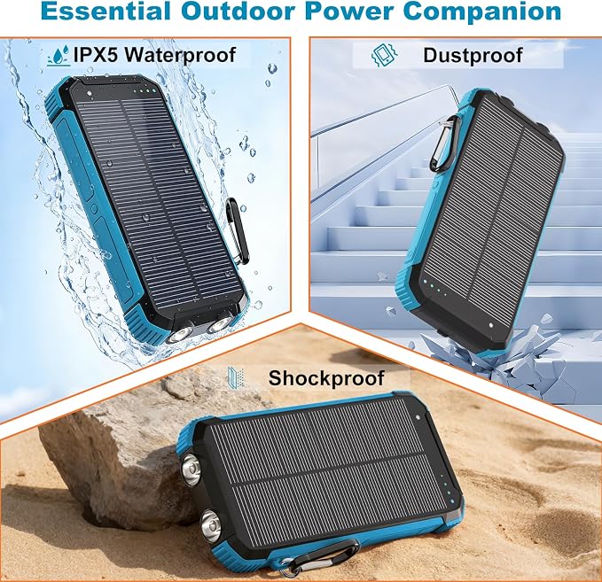 Solar Charger Power Bank 20000mAh, Wireless Fast Charging Battery Pack with 3 Built-in Cables & USB-C Input, Dual LED Flashlights, Portable Phone Charger for Camping, Travel & Emergency Use