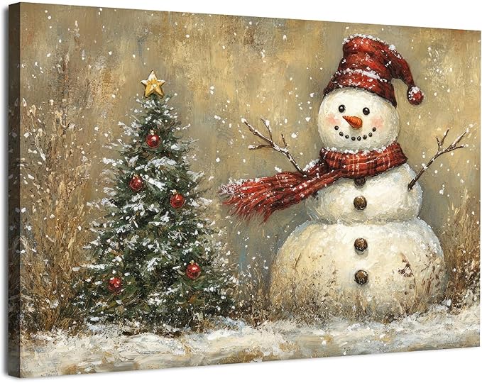 Rustic Christmas Wall Decor Pine Tree Snowman Picture for Living Room Retro Christmas Tree Poster Bedroom Abstract Snowy Winter Scene Canvas Prints Painting Holiday Artwork Xmas Home Decoration 12x16"