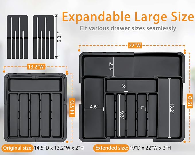 Silverware Organizer - Expandable Large Kitchen Drawer Organizer Utensil Organizer with 2 Removable Knife Blocks, 22"x 19"Cutlery Tray Drawer Dividers for Kitchen Flatware(6-9 Slots) (Black)
