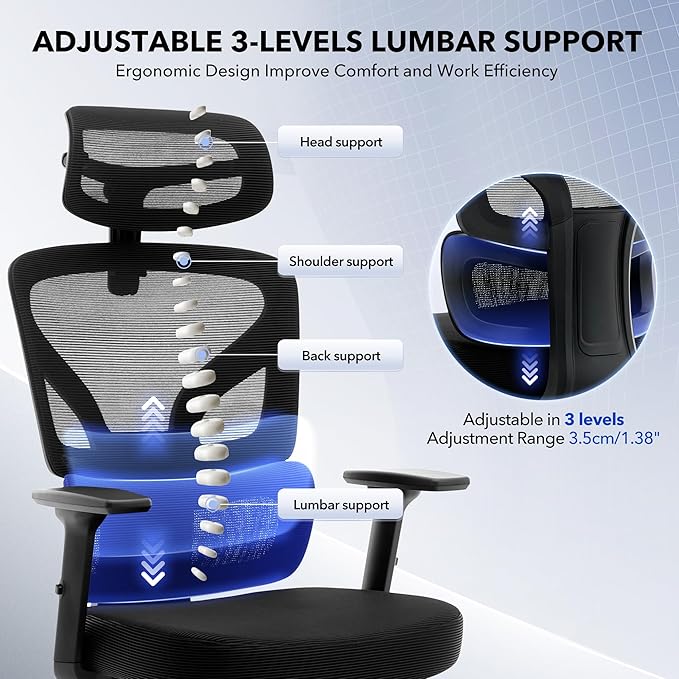 Office Chair Ergonomic Desk Chair - Home Mesh Office Desk Chair with Adjustable Lumbar Support, High-Back Computer Gaming Chair with Headrest 3D Armrests, Rolling Swivel Task Chairs for Home, Office