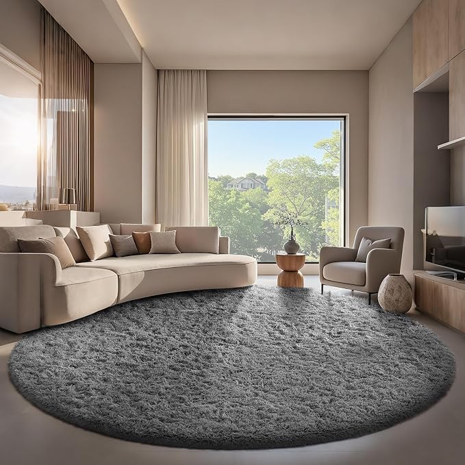 Ophanie Round Rug 8Ft Grey Circle Area Rugs,Large Fluffy Fuzzy Living Room Carpet 8 feet,Plush Shag Solid Indoor Floor Gray Bedroom Circular Decor for Kids Teen Boys Baby,with Over 99 pcs Pile fibers