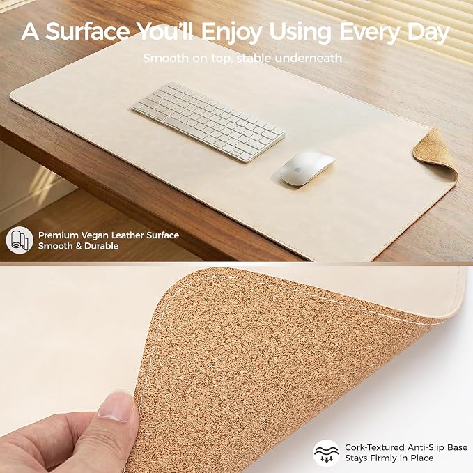 Premium Faux Leather Desk Mat & Tray Set，Innovative Cork-Look Printed Base，Gift Tube Packaging，Full-Desk Coverage，Non-Slip Desk Pad for Office Home（Ivory White）