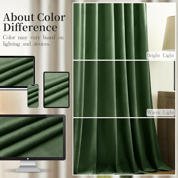 Extra Long Olive Green Velvet Blackout Curtains 102 Inches, Noise Reducing Room Darkening Super Soft Luxury Thermal Insulated Drapes for Bedroom & Living Room, Back Tab & Rod Pocket, 2 Panels