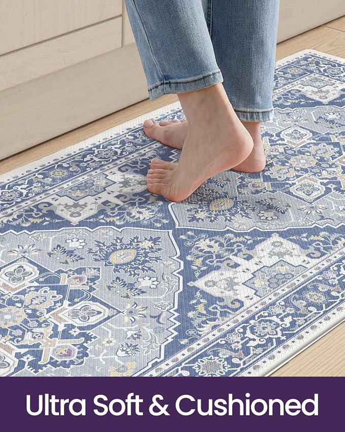 DEXI Kitchen Floor Mats Anti Fatigue, 23x59 Large Cushioned Vintage Runner Rug Waterproof, Standing Comfort Memory Foam Padded for Front Sink Laundry Office, Grey Blue