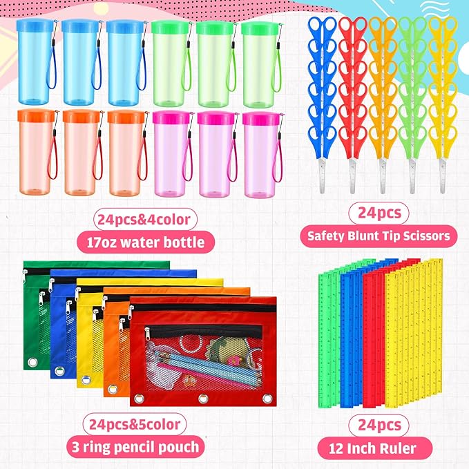 120 Pcs / 24 Sets Back to School Supplies Kit Include Sturdy Oxford Backpacks Water Bottles Pencil Pouches Scissors Rulers for Students Supplies Donations Camping Party Bulk Gift Set(Simple)