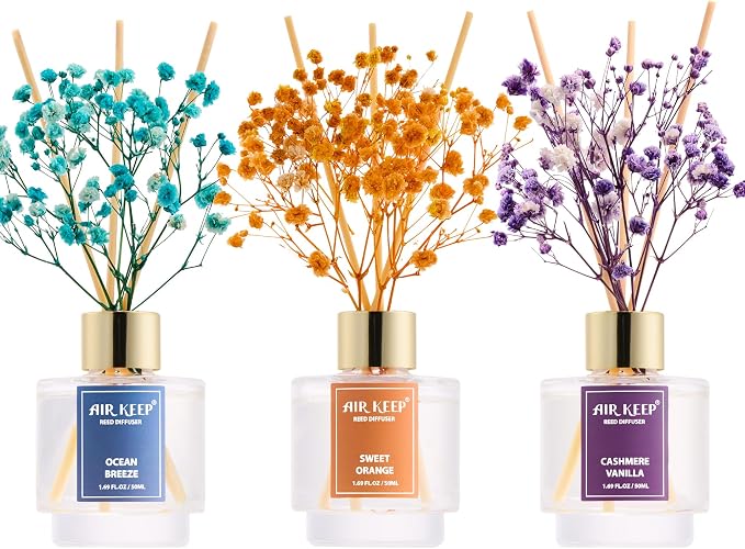 Airkeep Reed Diffuser Set of 3, Ocean Breeze Sweet Orange Cashmere Vanilla Oil Reed Diffusers for Bedroom Living Room Office Aromatherapy Oil Reed Diffuser for Gift 50ml x 3