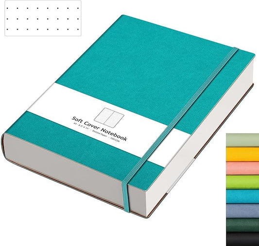 AHGXG Dotted Journal - Large A4 Notebook Dotted, 8.5''×11'', 320 Pages Dot Grid Notebook, 100gsm Thick Paper, Leather Softcover, with Journal Stencils, Inner Pocket, Cyan