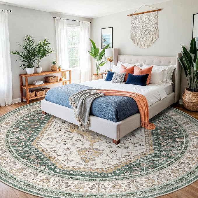 Puino 9FT Round Area Rugs for Living Room: Circle Rugs Machine Washable Oriental Low Pile Soft Non Slip Backing Vintage Indoor Rug for Bedroom Nursery Dining Room Home Office Green/Beige