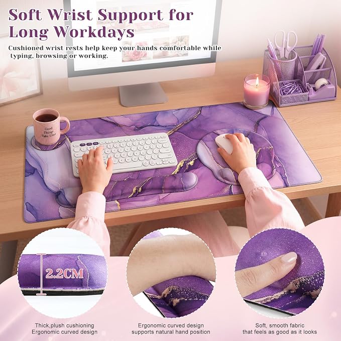 iCasso Purple Ergonomic Large Mouse Pad with Wrist Support, 4in1 XXL Desk Mat Set- Keyboard Wrist Rest + Mouse Wrist Rest + Coaster, Marble Style Desk Pad Mousepad