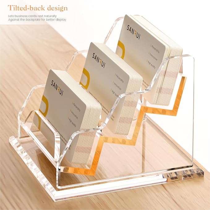 YUXUN Business Card Holder for Desk, Acrylic Business Card Display Stand with 3 Slot 3 Tier, Office Desk Accessories for Man &Woman,150 Cards Capcity, Clear