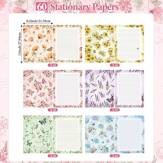 Funrous 90 Pcs Stationary Paper and Envelopes Set, 60 Sheets Floral Letter Paper and 30 Envelopes, 8.5 x 11 Inch Lined Writing Sheet for Mother's Day Wedding Religious Spring Party Invitation Gift