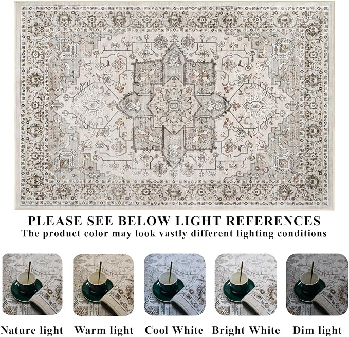 RUUGME Washable 6x9 Area Rug - Vintage Rugs with Non Slip Backing Stain Resistant Carpet for Living Room Bedroom Indoor Ultra-Soft Low Pile Home Decor Mat for Nursery 6x9 Ivory