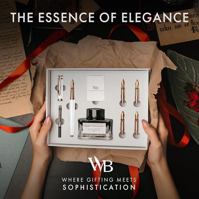 Wordsworth & Black Fountain Pen Gift Set, Includes Ink Bottle, 6 Ink Cartridges, A Refill Converter, 4 Replacement Nibs, Journaling, Calligraphy, Smooth Writing Pens [White Rose Gold]