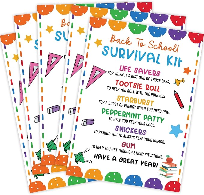 30 PCS Back to School Survival Kit,3.5x5 Inch Teacher Gift Insert Cards for Students,Back To School Student Treat Tags,First Day of School Classroom Welcome Supplies-BTSC02