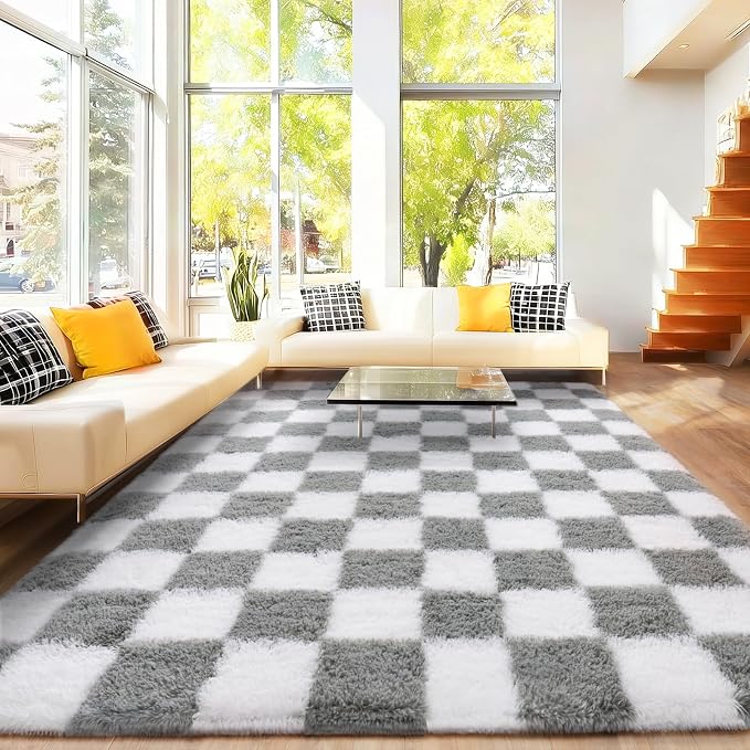 Area Rugs for Living Room 6x9, Ultra Fluffy Checkered Rug Fuzzy Shag Shaggy Carpets for Bedroom, Modern Non-Slip Indoor Soft Plush Furry Rug for Boy Girls Room Dorm Home Decor Aesthetic, White & Grey