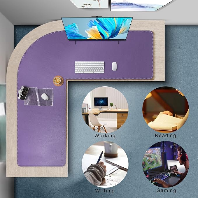 Mydours L-Shape Desk Mat, 46" x 46" x 16" Extra Large PU Leather Corner Desks Pad Blotter, XXL Corners Waterproof Gaming Mouse Pad, Desktop Protector for Computer Keyboard Home Office (Purple)