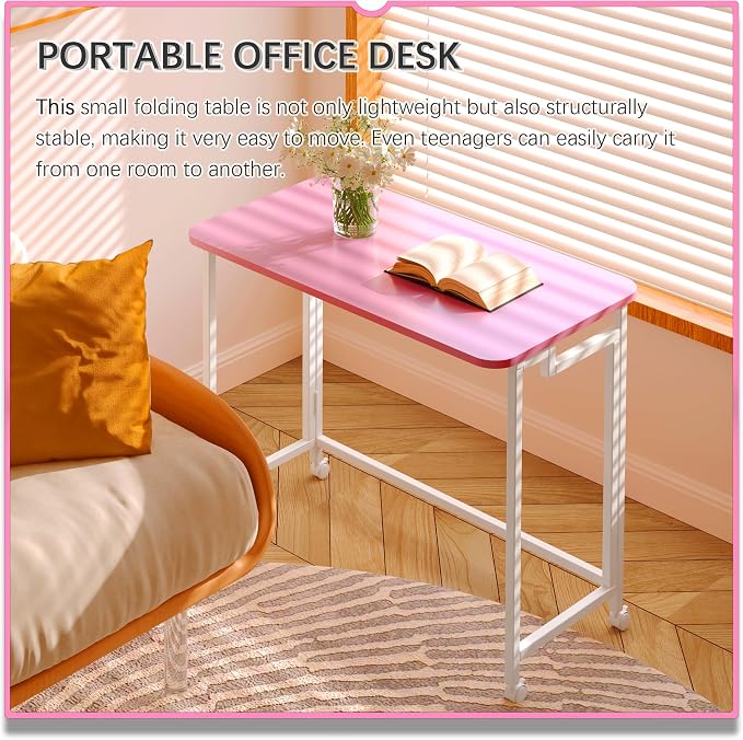 4NM 31.5" Mobile Small Rolling Computer Desk, Folding Laptop Cart Table with Wheels, Portable Office Desk for Small Space Couch Bed - Pink and White