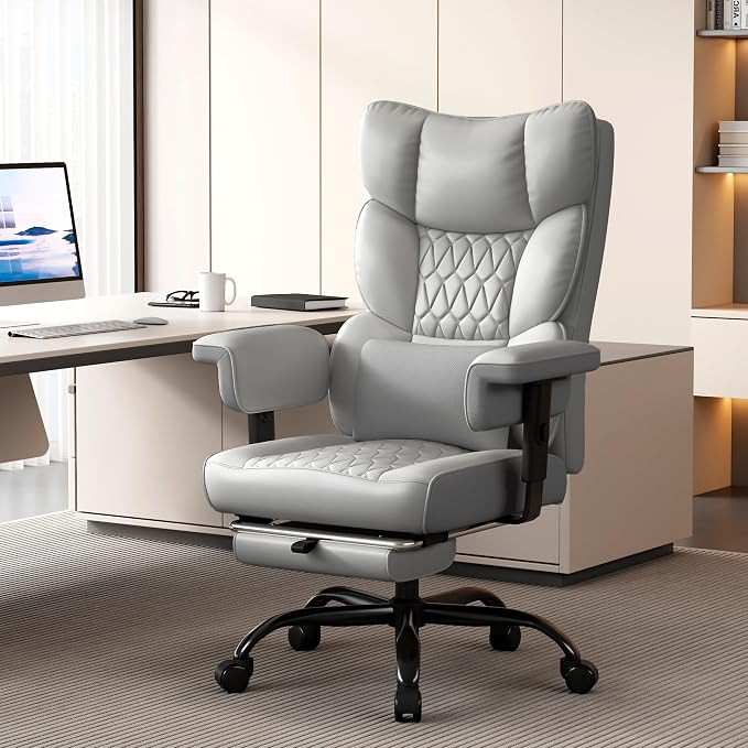 Misolant Big and Tall Office Chair with Footrest, High Back Executive Desk Chair with Adjustable Lift Armrest, 155°Recline，Lumbar Support Pillow, Faux Leather Gaming Chairs for Home or Office Gray