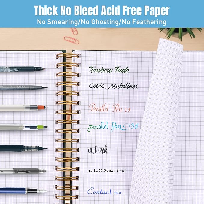 Graph Paper Notebook, 8.5" x 11" Spiral Notebook, 300 Page Hardcover Graphing Notebook for School, Leather Notebooks for Work, Engineering, Thick Large A4 Grid Notebook, 5 Squares, 24Pcs Tabs, Green