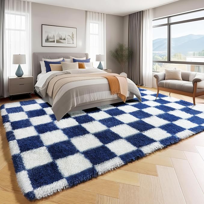 KICMOR Living Room Rug 5x7 Checkered Fluffy Area Rug, Navy Blue and Cream White Fuzzy Shag Shaggy Bedroom Carpets, Soft Plush Indoor Floor Rug for Kids Boys Girls Room Nursery Playroom Home Decor