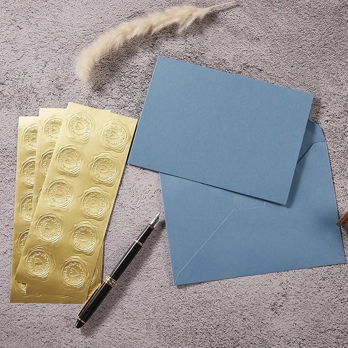 50 Pack Dusty Blue A7 Envelopes with Cards and Gold Stickers, 5x7 | With Thick Folded Cardstock, For Greeting Cards, Wedding, Birthday, Invitations, Baby Showers