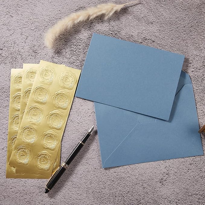 50 Pack Dusty Blue A6 Envelopes with Cards and Gold Stickers, 4x6 | With Thick Folded Cardstock, For Greeting Cards, Wedding, Birthday, Invitations, Baby Showers