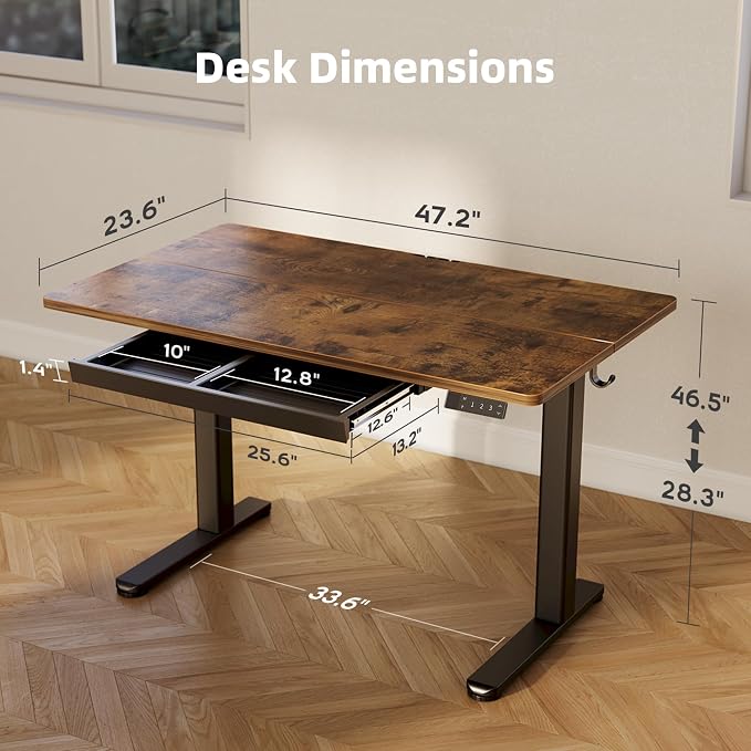 YDN Electric Standing Desk with Drawer 48 x 24 Inch Rustic Brown | Industrial-grade steel frame supports 176 lbs, 28.3 to 46.5 inch height range, 25.6 x 12.6 inch drawer with 11 lb capacity