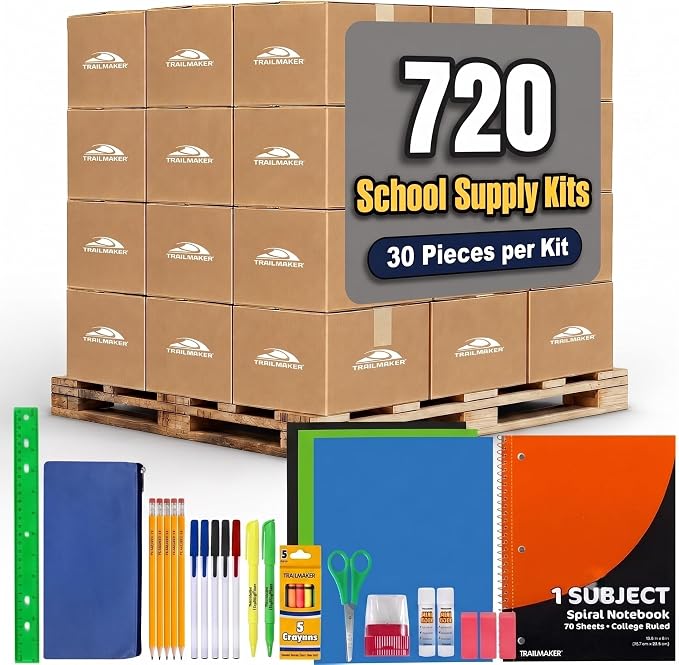 Trailmaker 720 Pack Bulk School Supply Kits | 30 Piece Classroom Supply Sets for Elementary & Middle School | Notebooks, Pencils, Crayons & Essentials | Ready-to-Distribute Kits for Teachers, Districts & Organizations