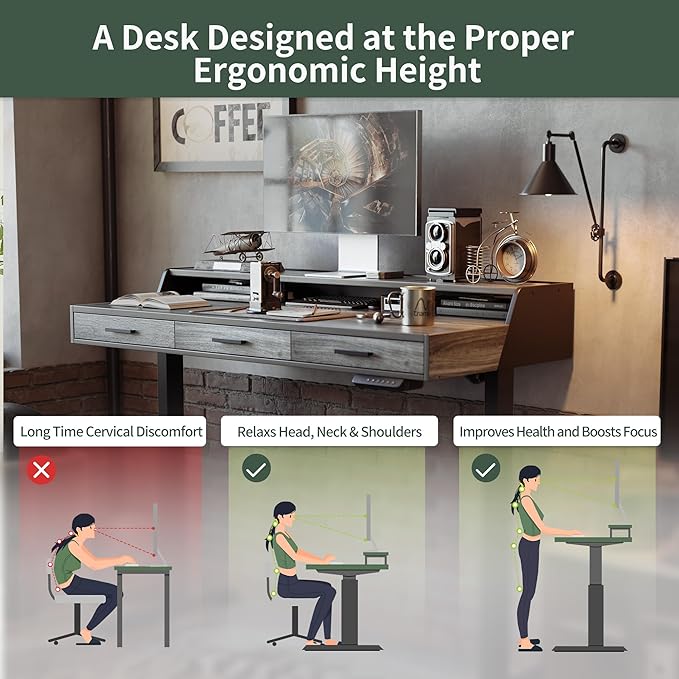CubiCubi Standing Desk 55x26 Inches with 3 Wood Drawers and Monitor Shelf, Ergonomic Rising Home Office Desks, Height Adjustable Computer Desk, Sit Stand Up Electric Workstation Table, Rustic Grey