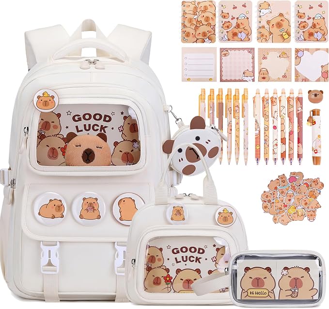 Capybara Backpack for School Girls, 30PCS Capybara Gifts School Supplies Stationery Set with Lunch Box Pencil Case Pens Pencils Notebook Cartoon for Kindergarten Elementary Student(Beige)