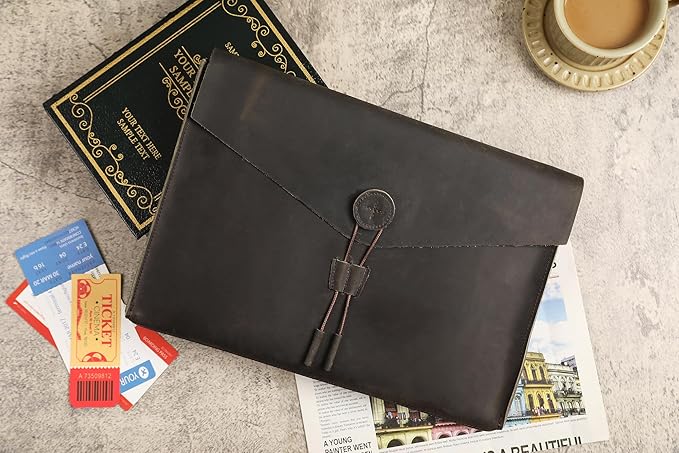Genuine Leather Envelope Document Holder， Leather File Folder Organizer，Envelope Document Holder for Men&Women, Personalized Folio Laptop Sleeve Case for 15" Laptops, Tablets