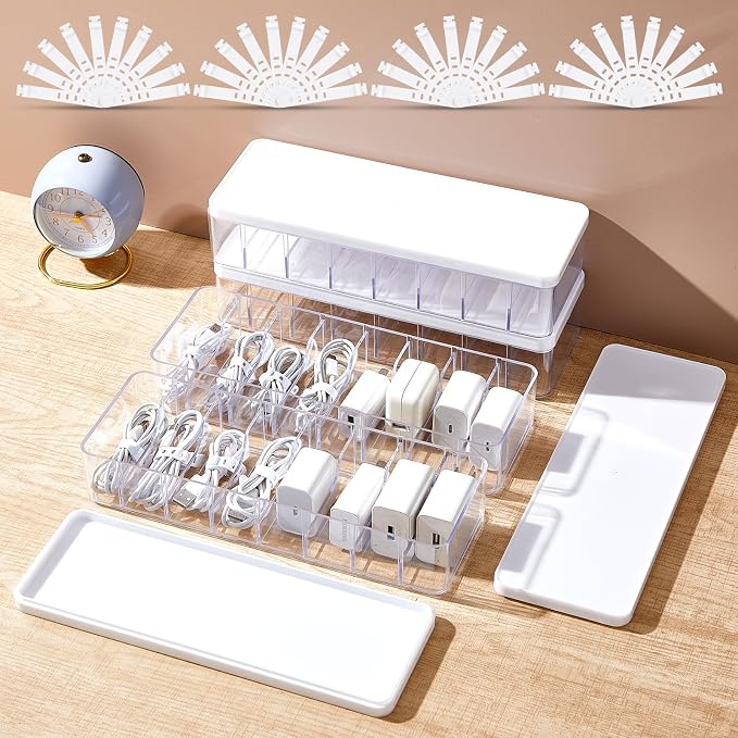 Tatuo 4 Pcs Cord Organizer for Drawer Desktop, Cable Organizer Box with 8 Compartments and Wire Ties, Plastic Charger Storage with Lid, Electronics Case for Home Office Accessories (Small,Clear,White)