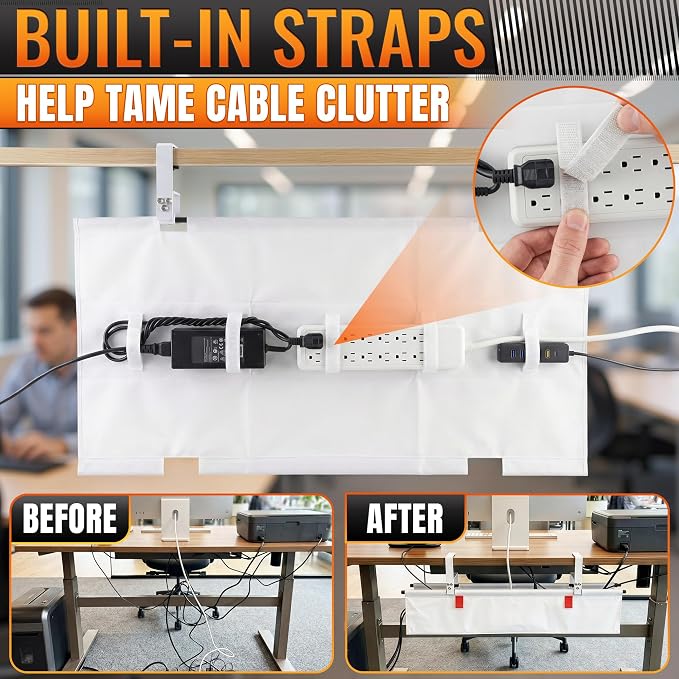 Under Desk Cable Management Tray 28" — No Drill Clamp-On Cord Organizer for Desk with Built-in Ties, Heavy Duty Metal Clamp, Foldable 600D Oxford Fabric for Home Office, WFH & Gaming PC Setup (White)