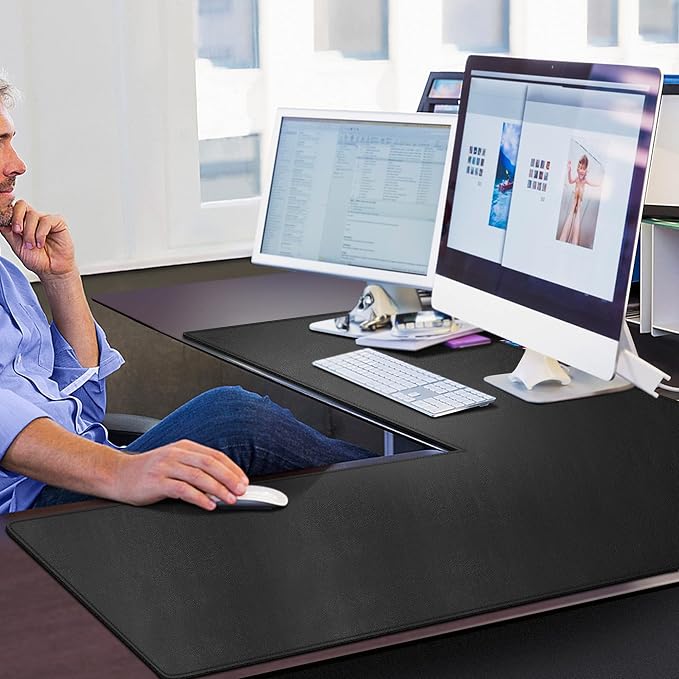 Cacoy 47" x 51" L Shaped Desk Pad, PU Leather Corner Desk Mat, Waterproof L-Shape Mouse Pad for Gaming Computer Home Office, Workstation Writing Desk Blotters Protector, Black
