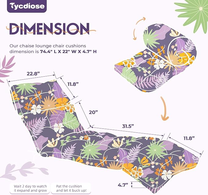 Outdoor Chaise Lounge Chair Cushion Waterproof 74.4 x 22 x 4.7 Inches Thickened Memory Foam Patio Lounge Chair Cushions Replacement for Outdoor Furniture with Ties, Purple Floral Leaf