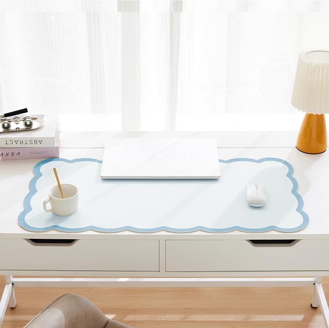 Scalloped Desk Mat, 31.5" x 15.7" Large Cute Aesthetic Desk Accessories, PU Leather Computer Laptop Desk Mouse Keyboard Pad, Desk Writing Mat for Vanity/Work/Home Decor (Blue, 31.5" x 15.7")
