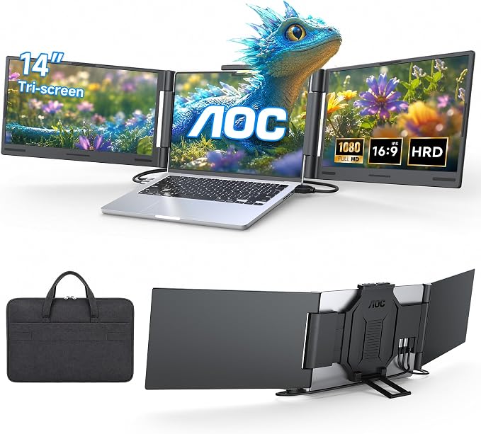 AOC 14" Laptop Screen Extender, Triple Portable Monitor for 13”-17.3" Laptops, 1080P FHD IPS Display, HDMI/USB-C Cable Plug-Play Laptop Monitor Extender for Mac/Windows (Black)