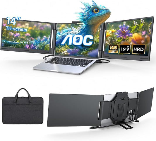 AOC 14" Laptop Screen Extender, Triple Portable Monitor for 13”-17.3" Laptops, 1080P FHD IPS Display, HDMI/USB-C Cable Plug-Play Laptop Monitor Extender for Mac/Windows (Black)