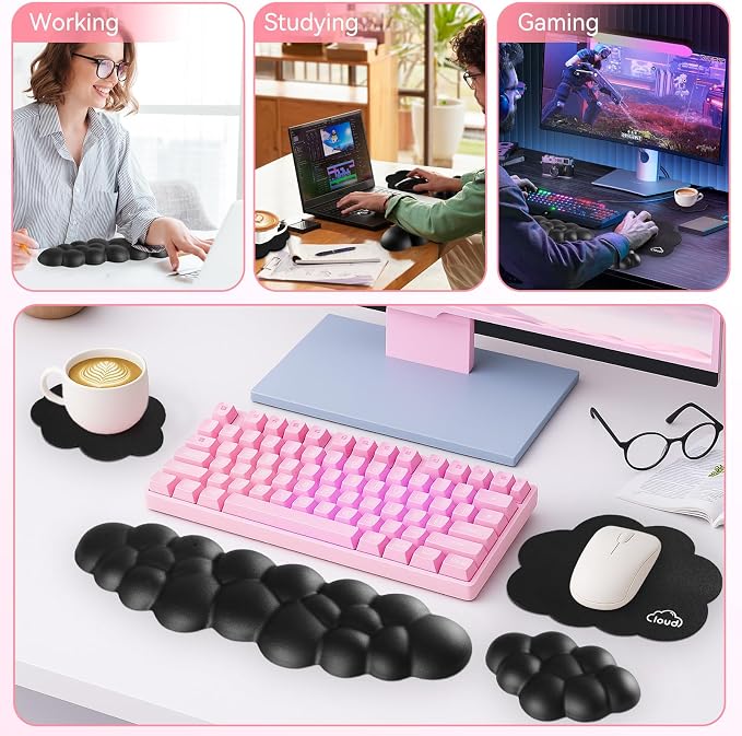 Sushret Cloud Wrist Rest for Computer Keyboard, 4-in-1 Memory Foam Leather Cloud Keyboard Wrist Rest and Mouse Pad Set with Ergonomic Support for Arm and Palm Cushion, Gaming/Work Setup, Black