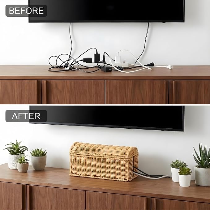 Rattan Cable Management Box, Ventilated Cord Hider with Flip Lid | Hand Woven Craft, Ventilated Heat Dissipation, Easy Access Protective Curved Flip Lid, Boho Woven Decor for Home and Office