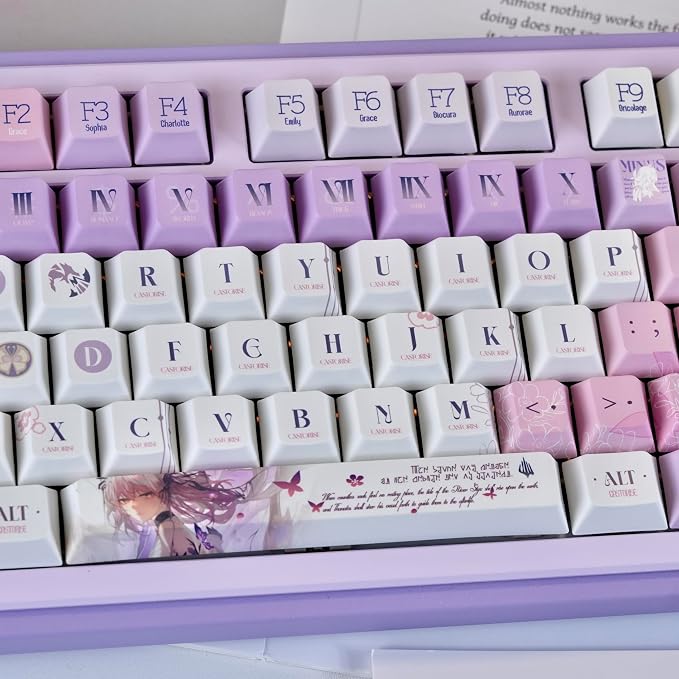 PBT Custom Keycaps 130 Keys, Japanese Anime Purple Keycaps Cherry Profile Dye Sublimation Keycap, Manga Style Key Cap Set for 60% 65% 75% TKL 100% Mechanical Keyboard