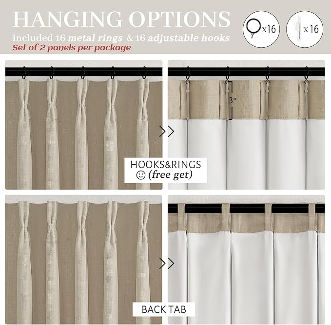 Warm Beige Linen Blend Room Divider Curtains 105 Inches Long 2 Panels Set, Elegant Pinch Pleated Blackout Double Layer Natural Burlap Pivacy Drapes with Hooks Rings for Dormroom Windows 40 x 105 Inch