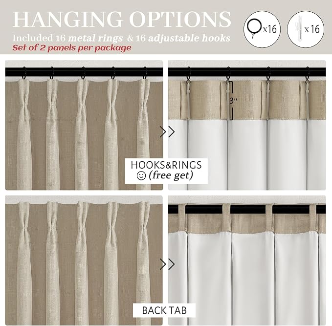 Extra Long Memory Trained Pinch Pleated Floor to Ceiling Curtains for Girls Bedroom 100 Inches Long, Blackout Linen Dual Layer Thermal Ivory Beige Sound Proof Elegant Nursery Viral Drapes with Hooks