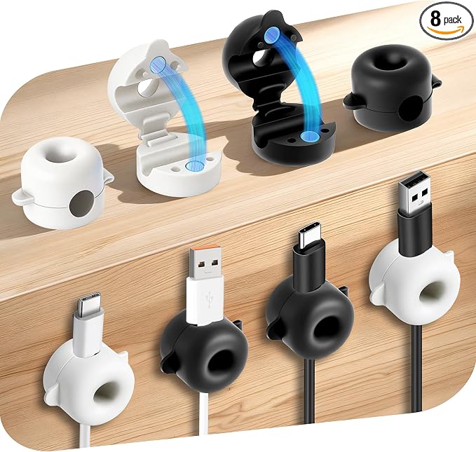 8-Pack Magnetic Cable Management Clips for Home Office Desk, Cord organizer | reusable, strong adhesive, silicone wire staples keeper, stick-on wire holder clamps, work on wall, nightstand, car dashboard