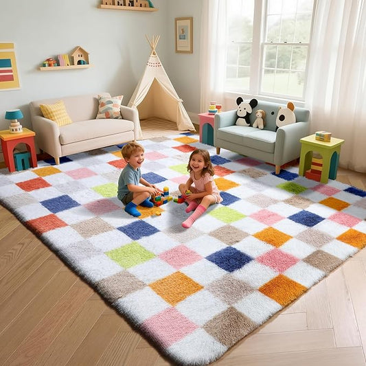 KICMOR Large 6x9 Area Rugs for Living Room, Fluffy Soft Colorful Checkered Shag Shaggy Carpet for Bedroom, Indoor Rainbow Plush Fuzzy Rug for Teen Kids Boys Girls Dorm Nursery Home Decor Aesthetic