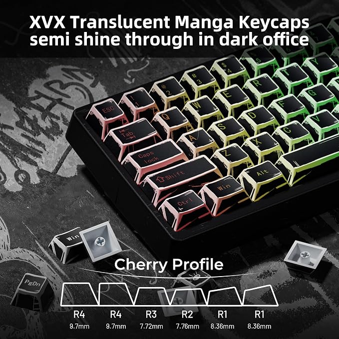 XVX Black Translucent Keycaps,PBT Keycap Set Cherry Profile,Dye Sublimation Graffiti Keyboard Keycaps Suitable for 60% 65% 75% 80% 100% MX Switches Mechanical Keyboard