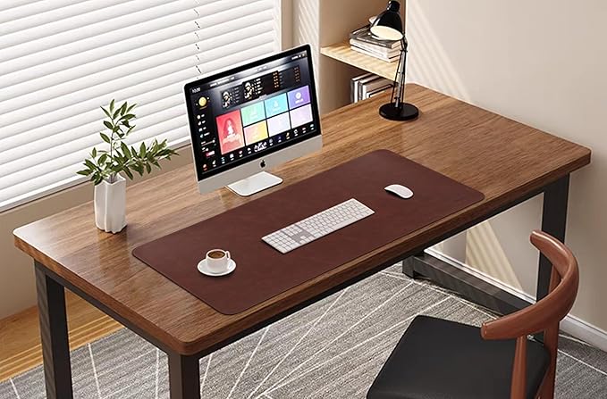 Leather Desk Mat, 31.5"x15.7" Non-Slip PU Leather Desk Pad, 2mm Thick Desk Blotter with Stiched line, Retro Large Mouse Pad, Laptop Pad for Office & Home Use (Brown)