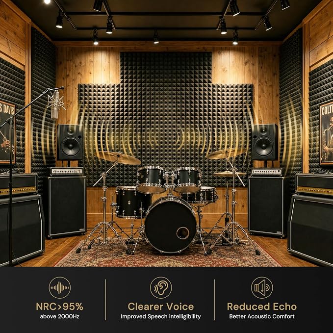 Focusound Acoustic Panels 50 Pack 2"x12"x12" with 300 PCS Double-Side Adhesive - Sound Proof Pyramid Foam for Walls, Home Studio Noise Absorption & Echo Control Kit