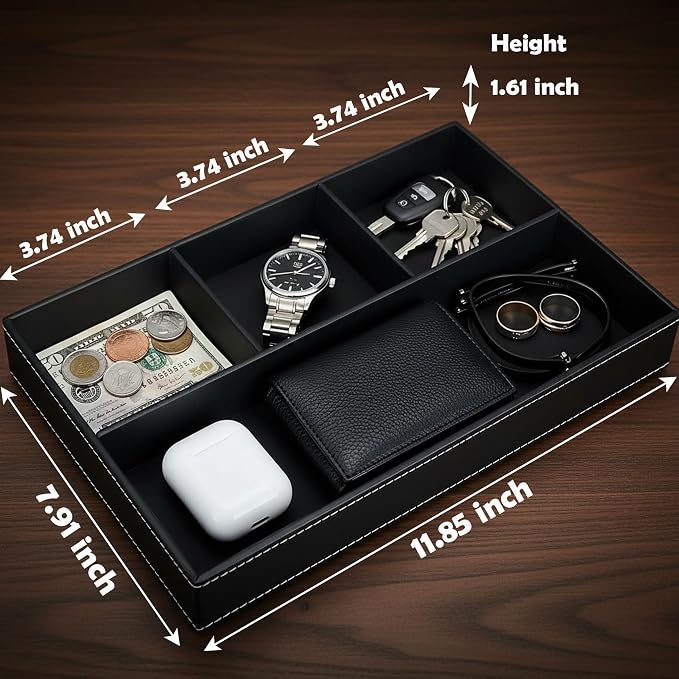 Leather Valet Organizer Nightstand & Dresser Storage Tray (Black) | Stackable, Entryway Desk Catchall Tray for Keys Wallet Watch Phone, Bedside Desktop PU Leather Drawer Caddy Tray for Men